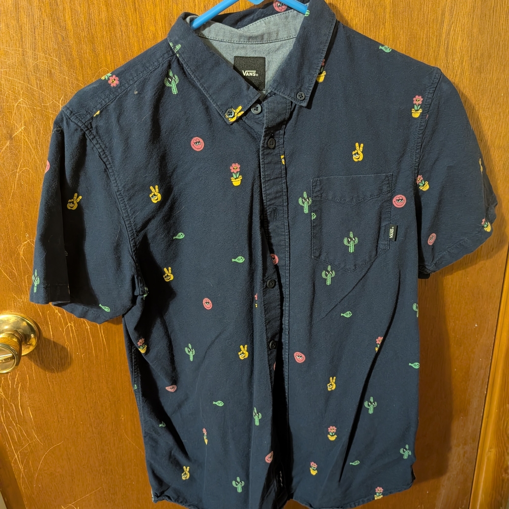 Vans Men's Navy Shirt with Cactus and Peace Sign Print
